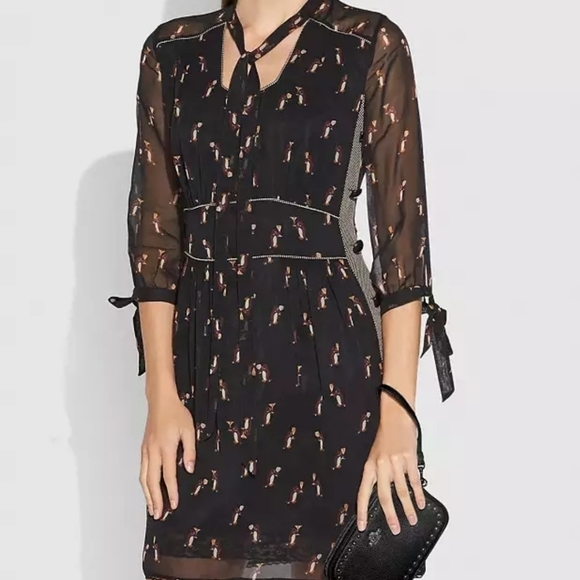 New Coach 1941 Penguin Print Tie Neck Knee Length Black Dress NWT Size 6 US - Picture 4 of 14